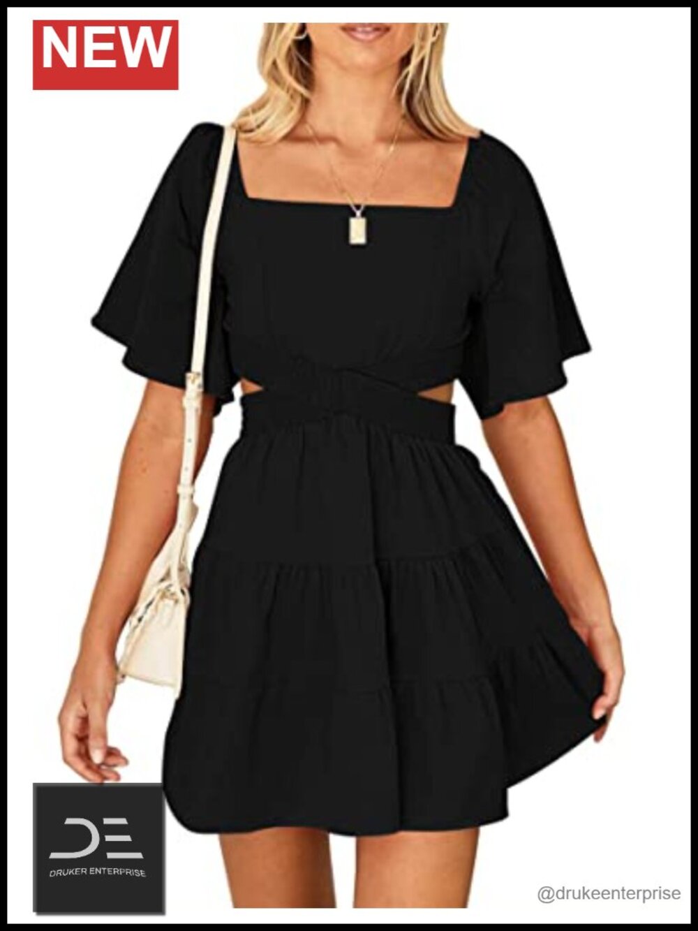 Square Neck Short Sleeve Mini Dress Cutout Waist A-Line Tiered Ruffle